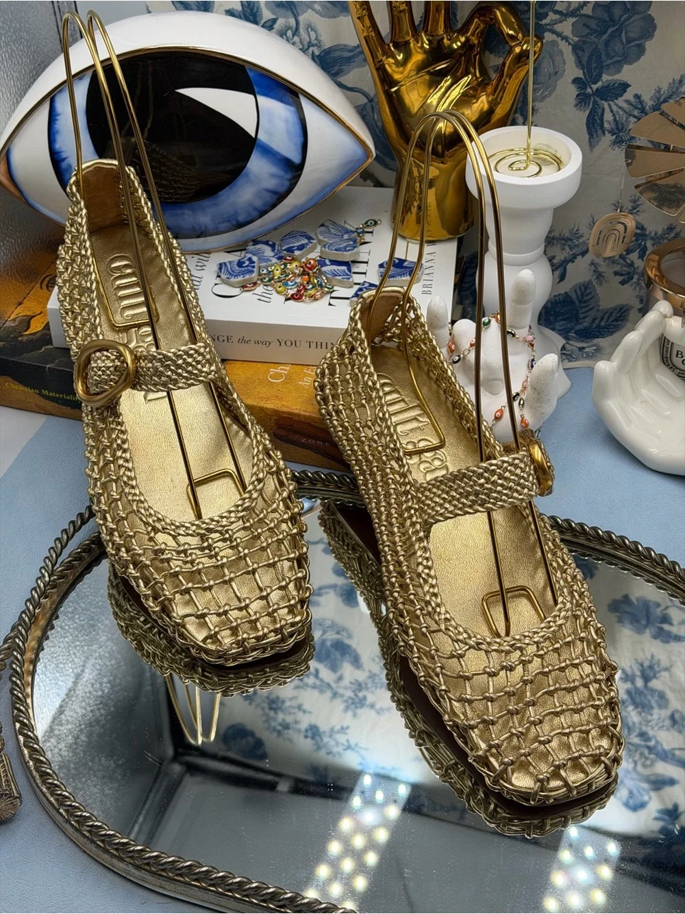 🆕 CULT GAIA 🧿 NWOB Gina Woven Leather Mary Jane Flats, Gold - Sz 37.5 US 7.5